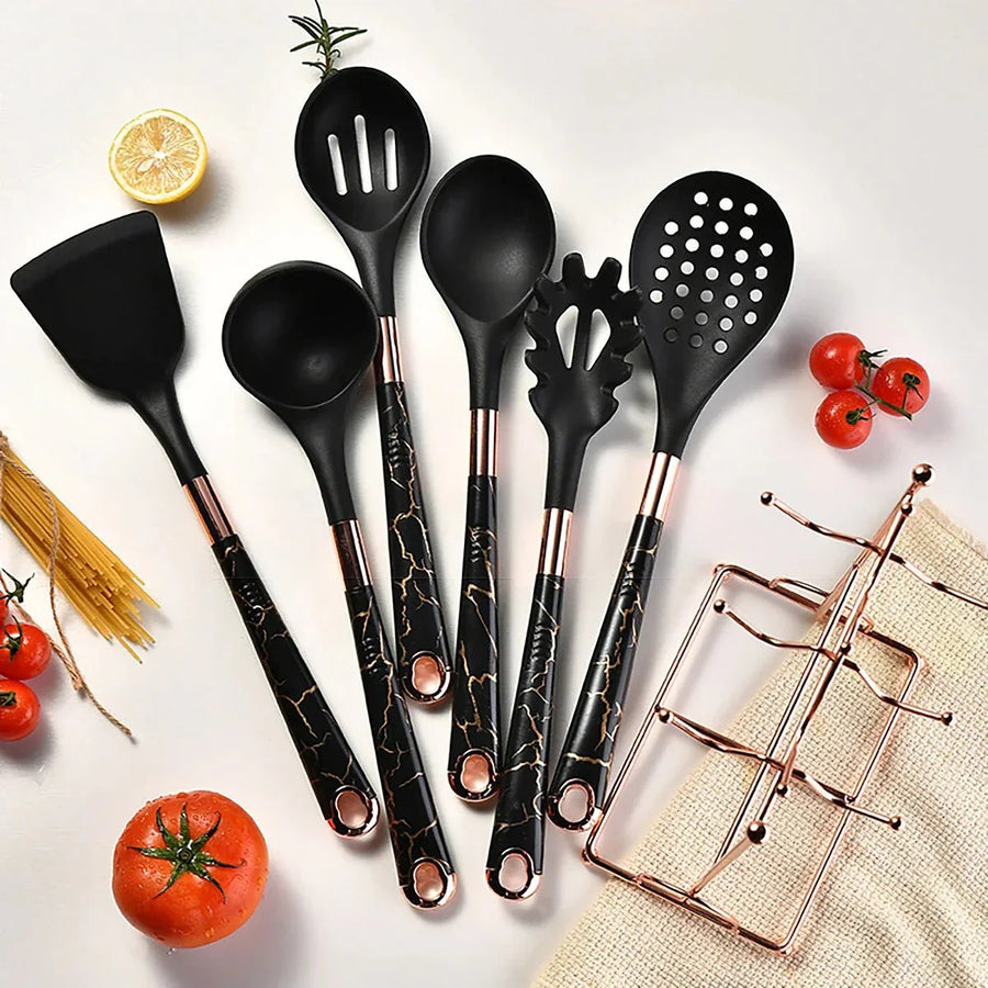 Rose Gold Kitchen Utensil Set 7-Piece with Stand-Kitchen & Dining > Cooking Utensils-casanuva-casanuva