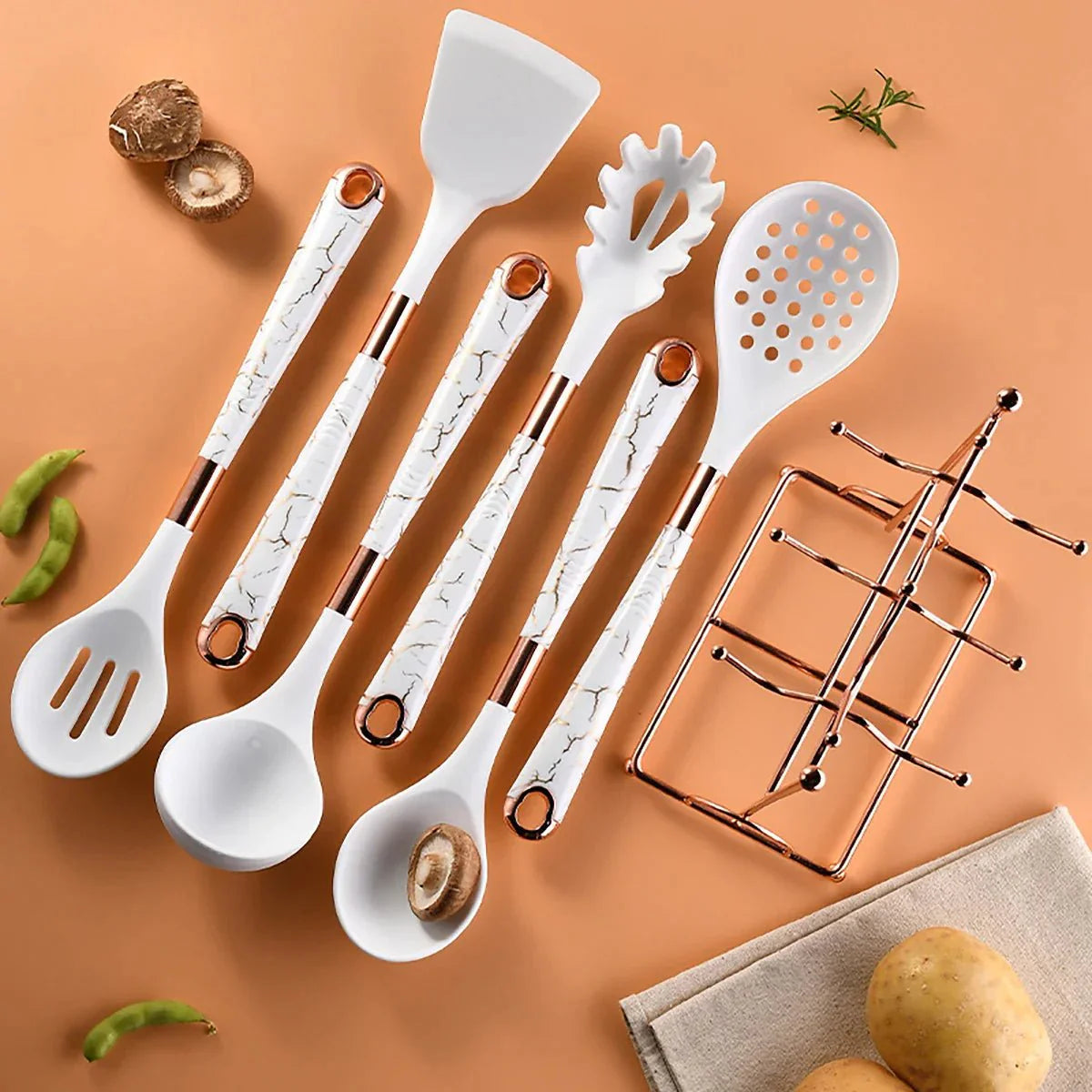 Rose Gold Kitchen Utensil Set 7-Piece with Stand-Kitchen & Dining > Cooking Utensils-casanuva-casanuva