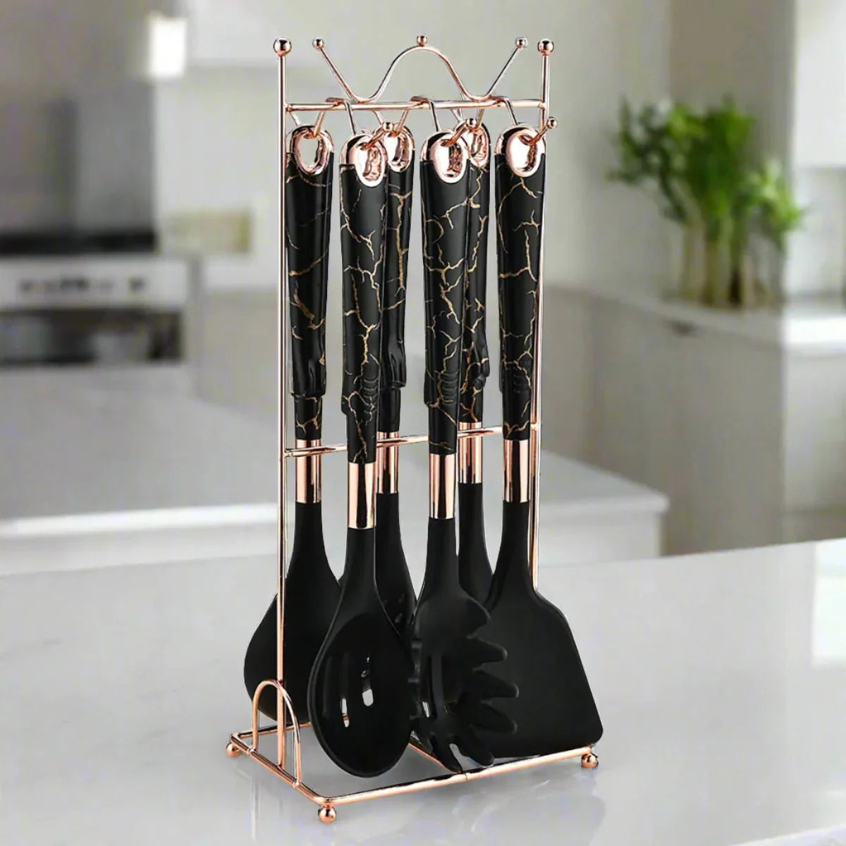 Rose Gold Kitchen Utensil Set 7-Piece with Stand-Kitchen & Dining > Cooking Utensils-casanuva-Black-Rose Gold Stand-casanuva