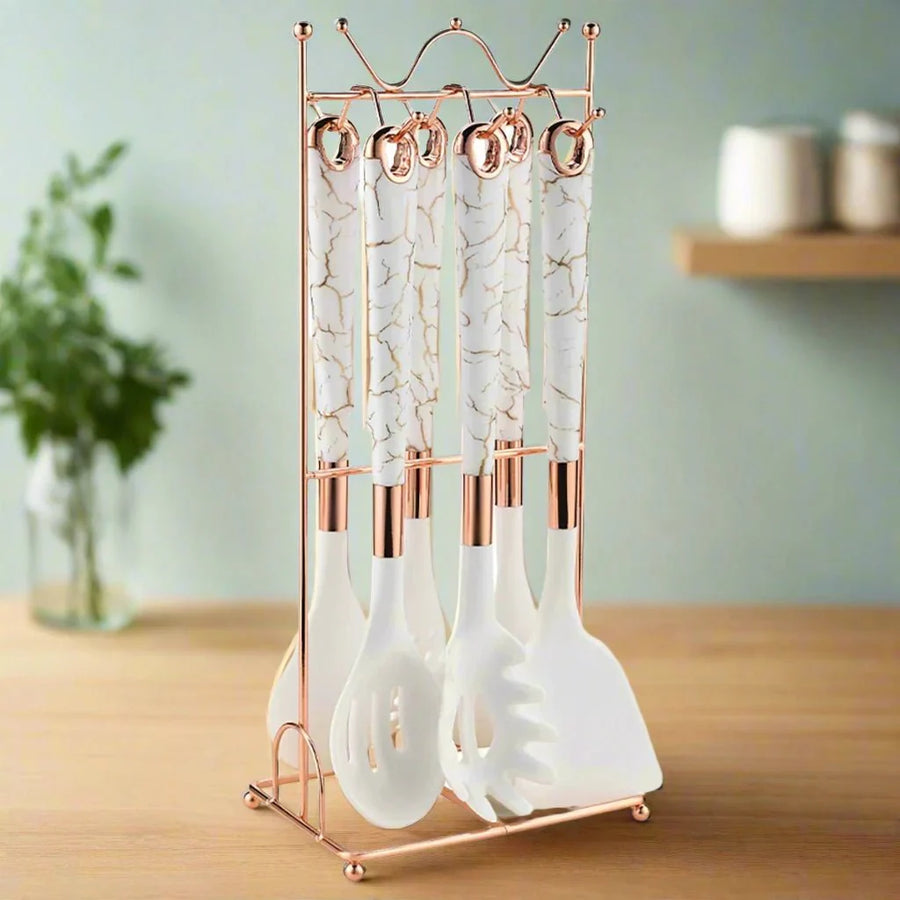 Rose Gold Kitchen Utensil Set 7-Piece with Stand-Kitchen & Dining > Cooking Utensils-casanuva-White-Rose Gold Stand-casanuva