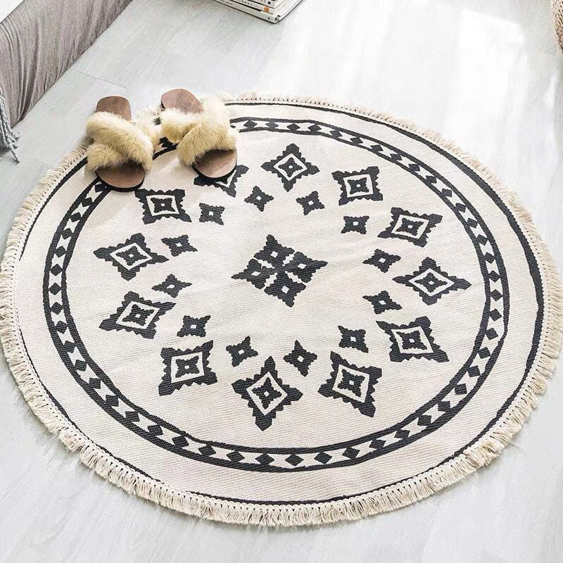 Round Boho Area Rug Geometric Cotton Design-Rugs & Mats > Area Rugs-casanuva-Hellgrau-Schwarz-3'11" x 3'11"-casanuva