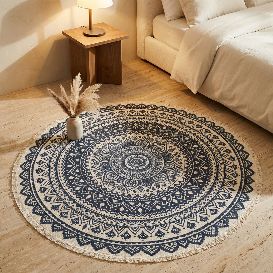 Round Boho Area Rug Geometric Cotton Design-Rugs & Mats > Area Rugs-casanuva-casanuva
