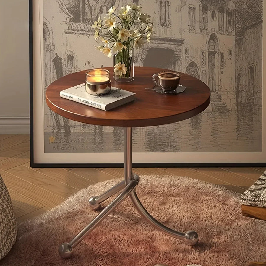 Round Side Table Vintage Wooden Top Metal Legs Timeless Design-Furniture > Side Tables-casanuva-Walnut-casanuva