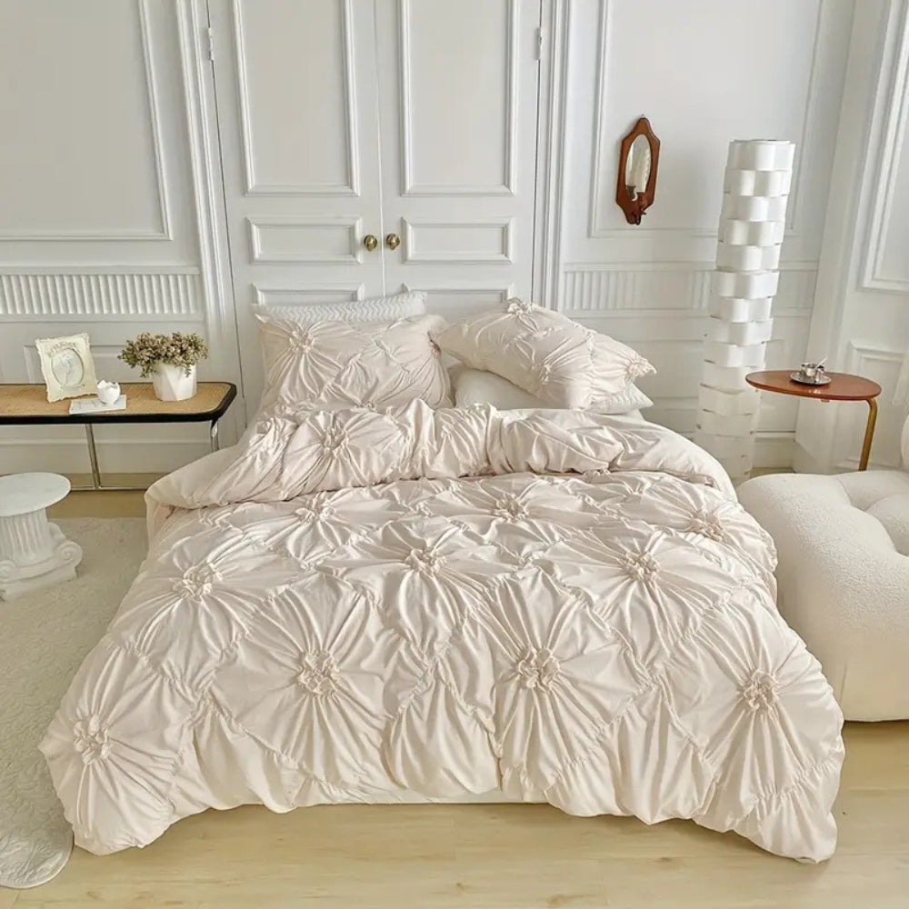Ruffle Flower Duvet Cover Set Queen Size Cotton Bedding-Bedding & Bath > Bedding Sets-casanuva-Beige-Twin + 1pc Pillowcase-casanuva