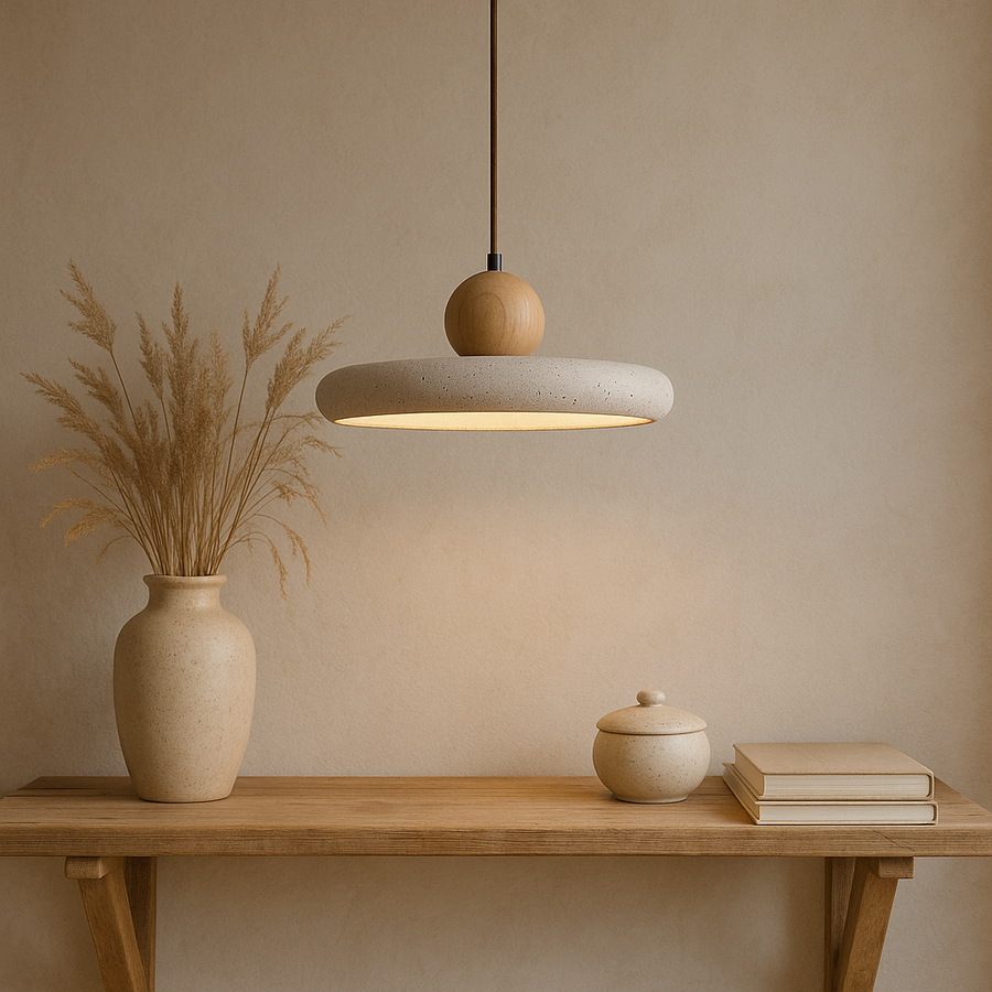 Rustic Travertine Pendant Light with Wood Accent-Lighting > Pendant Lights-casanuva-casanuva