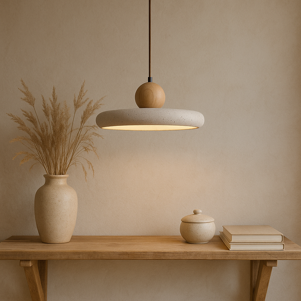 Rustic Travertine Pendant Light with Wood Accent-Lighting > Pendant Lights-casanuva-casanuva