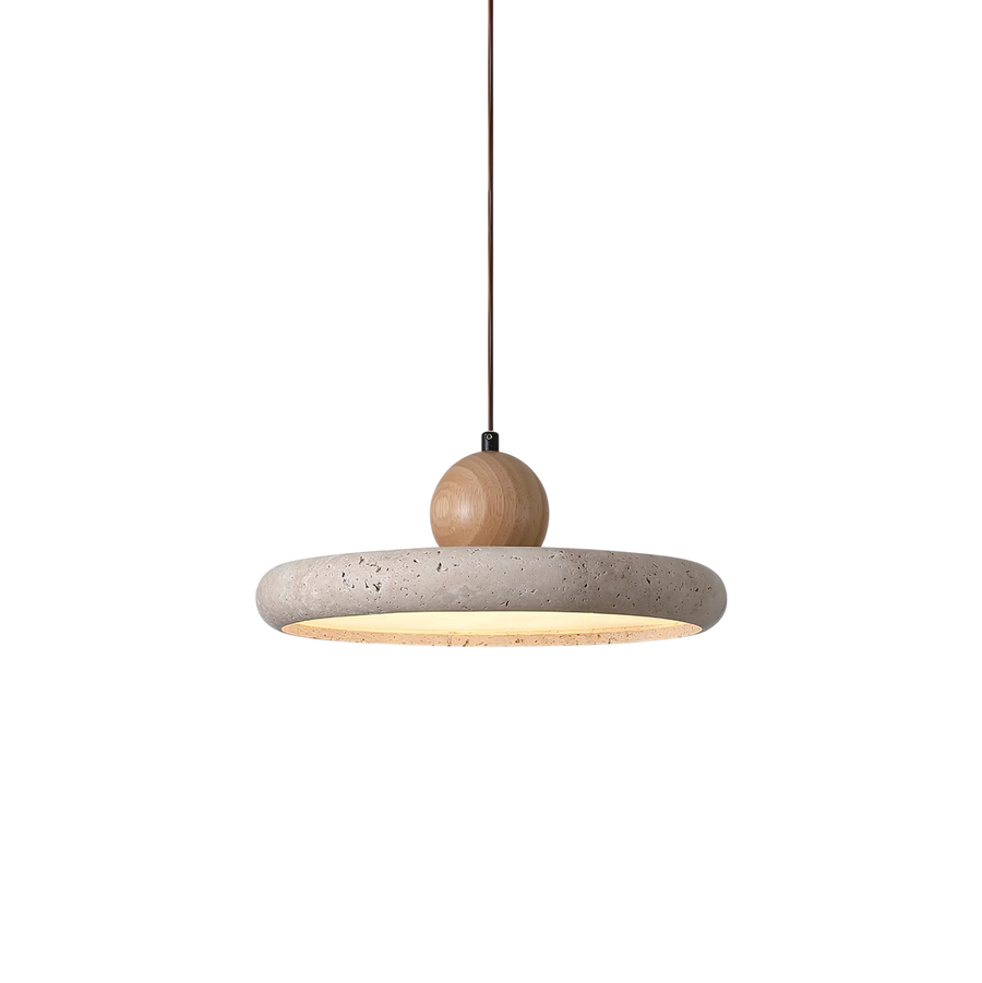 Rustic Travertine Pendant Light with Wood Accent-Lighting > Pendant Lights-casanuva-ø 30cm x H 11cm-casanuva