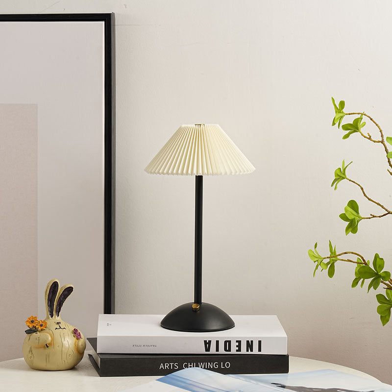 Scandinavian Rechargeable Conic Pleated Table Lamp 1-Light for Bedside-Lighting > Table Lamps-casanuva-Beige / + Black Base-36V-casanuva