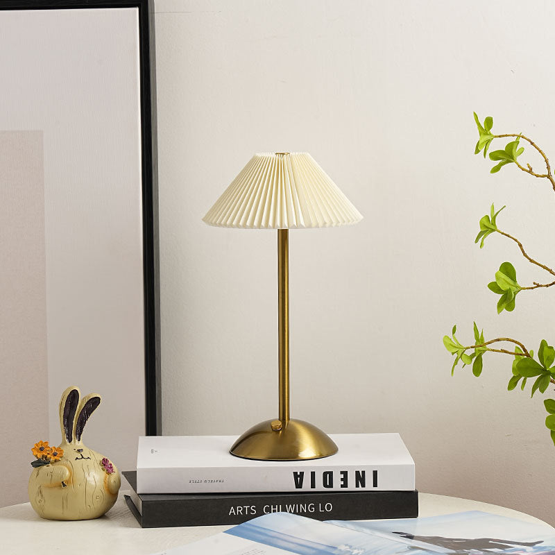 Scandinavian Rechargeable Conic Pleated Table Lamp 1-Light for Bedside-Lighting > Table Lamps-casanuva-Beige / + Brown Base-36V-casanuva