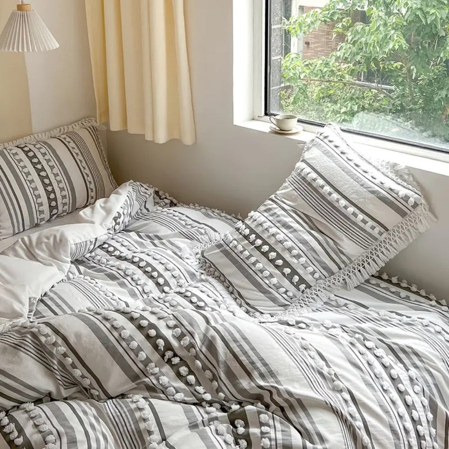 Soft Stripe Duvet Set with Tassels 3 Piece Set-Bedding & Bath > Bedding Sets-casanuva-casanuva