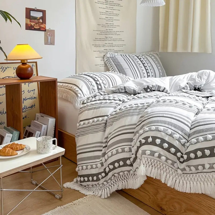 Soft Stripe Duvet Set with Tassels 3 Piece Set-Bedding & Bath > Bedding Sets-casanuva-Gray-Twin-casanuva