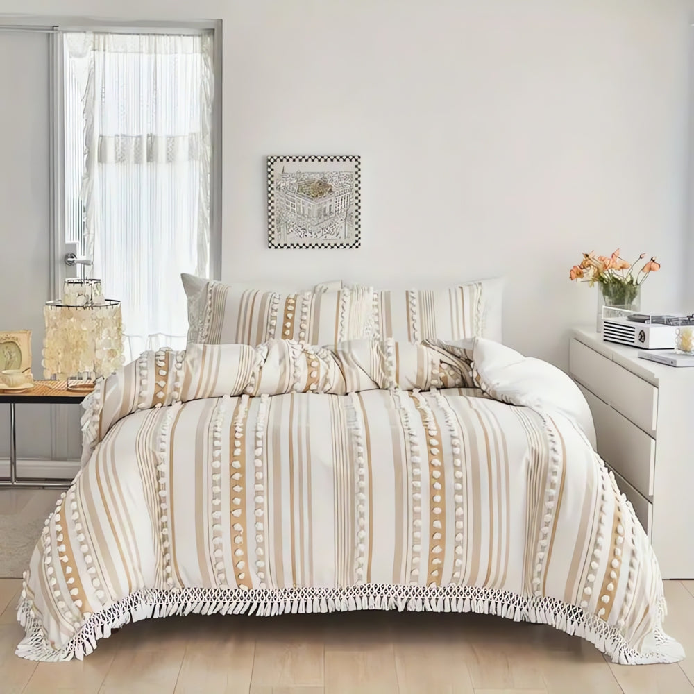 Soft Stripe Duvet Set with Tassels 3 Piece Set-Bedding & Bath > Bedding Sets-casanuva-Khaki-Twin-casanuva