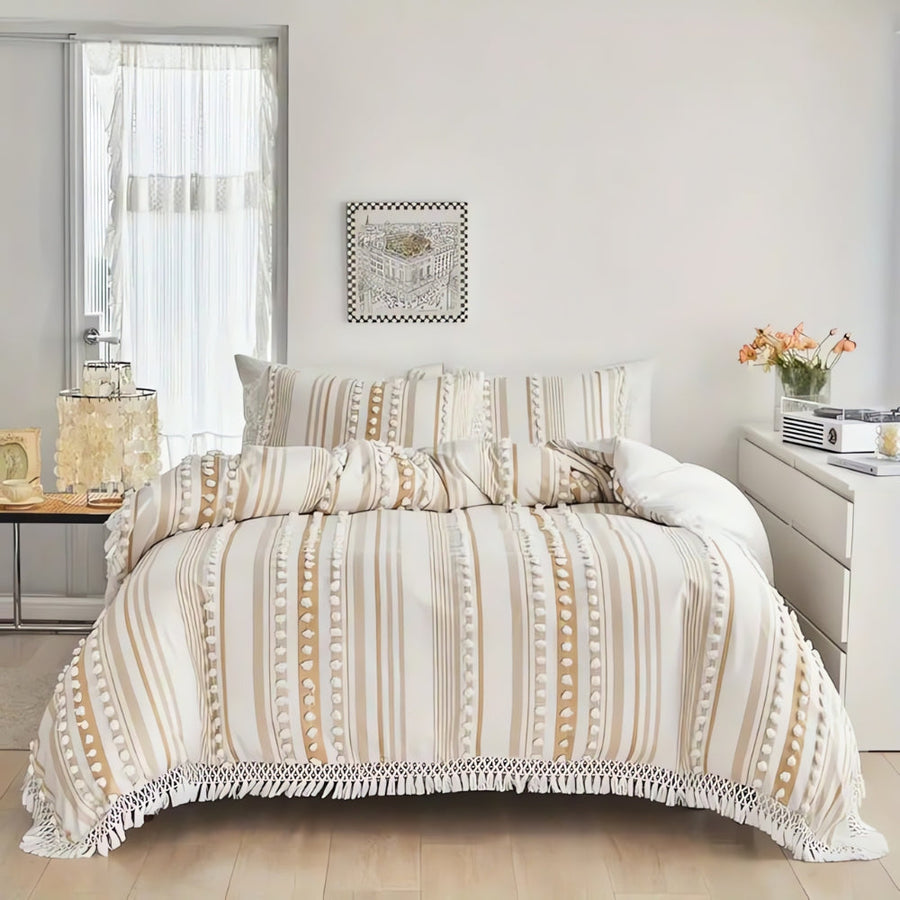 Soft Stripe Duvet Set with Tassels 3 Piece Set-Bedding & Bath > Bedding Sets-casanuva-Khaki-Twin-casanuva