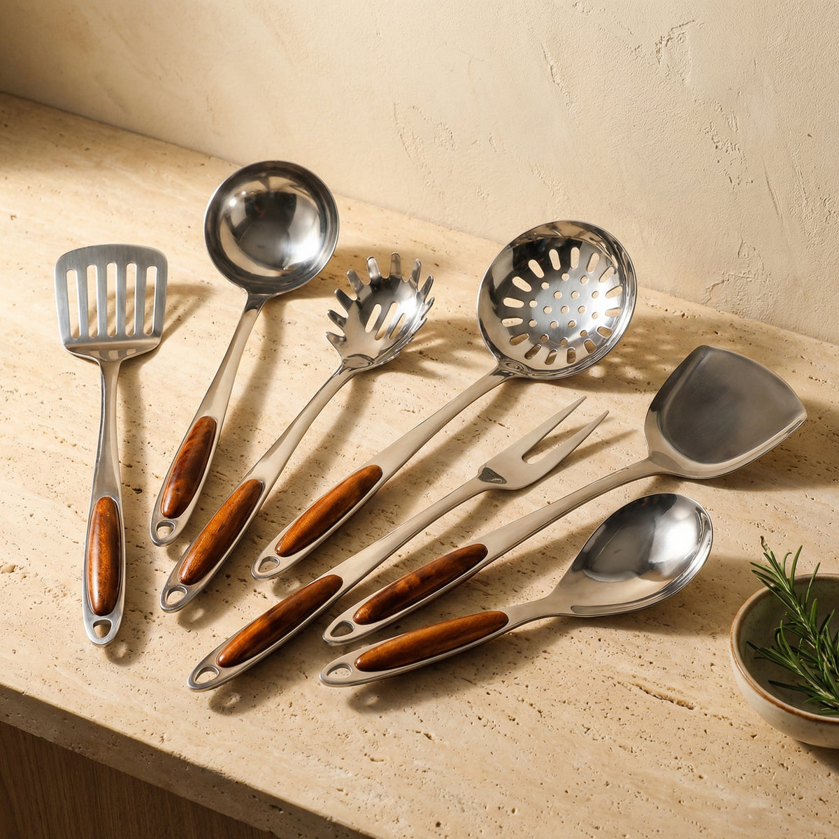 Stainless Steel Cooking Utensil Set with Wooden Handles 7 Pieces-Kitchen & Dining > Cooking Utensils-casanuva-casanuva