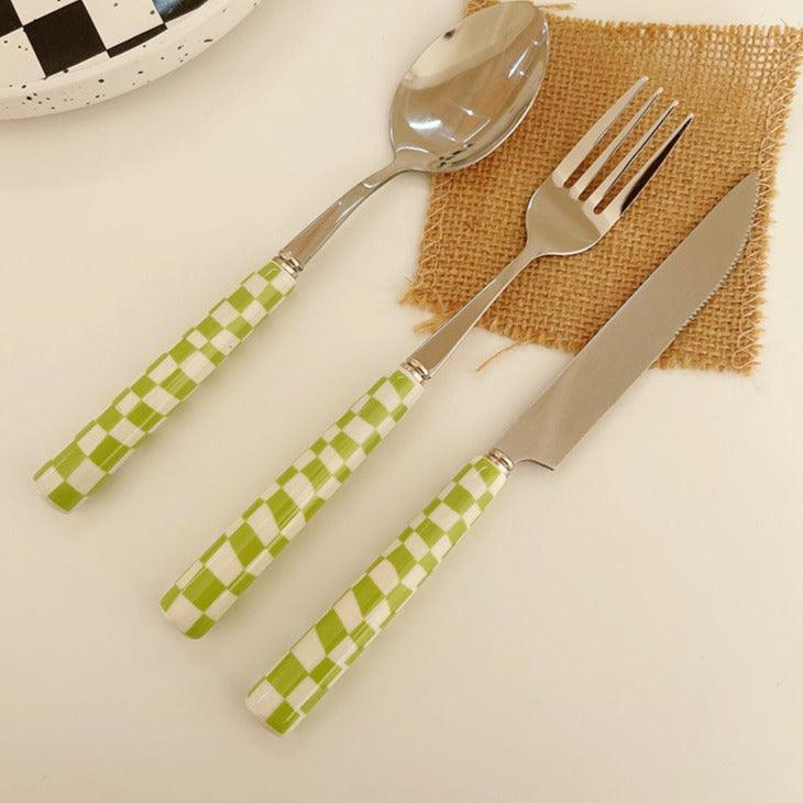 Stainless Steel Cutlery Set with Checkerboard Pattern-Kitchen & Dining > Cutlery-casanuva-Green-casanuva