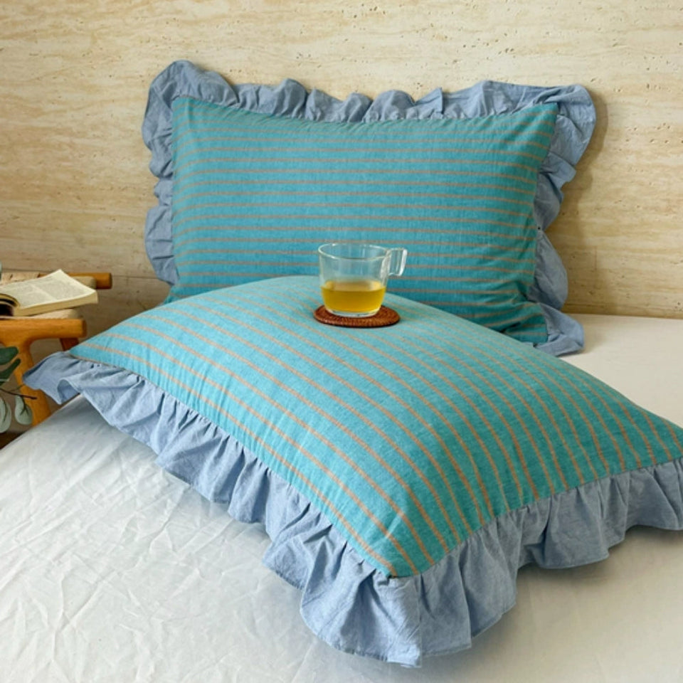 Striped Lace Pillowcases with Ruffles in Assorted Colors-Bedding & Bath > Pillowcases-casanuva-Aqua Stripe-1 pc-casanuva