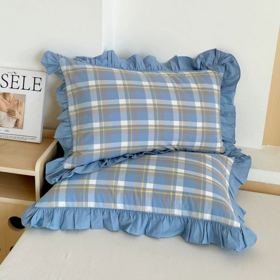 Striped Lace Pillowcases with Ruffles in Assorted Colors-Bedding & Bath > Pillowcases-casanuva-Blue Check-1 pc-casanuva