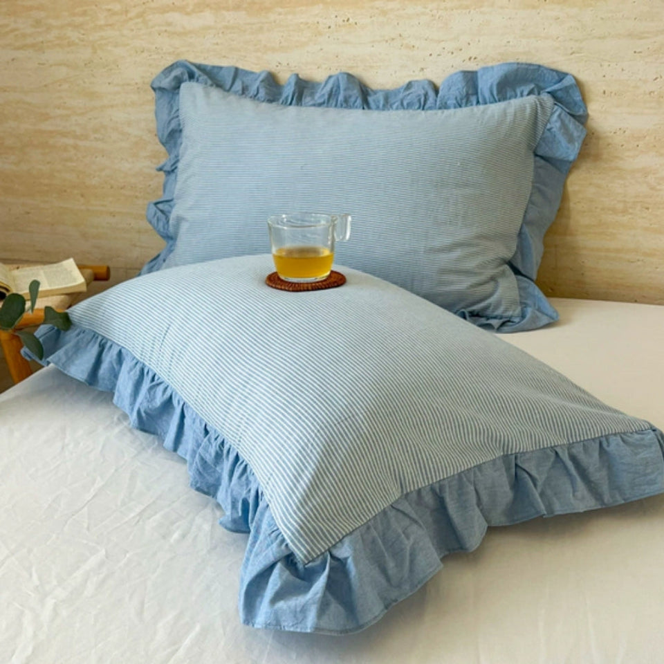 Striped Lace Pillowcases with Ruffles in Assorted Colors-Bedding & Bath > Pillowcases-casanuva-Blue Pinstripe-1 pc-casanuva