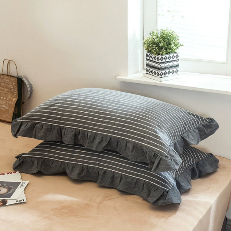 Striped Lace Pillowcases with Ruffles in Assorted Colors-Bedding & Bath > Pillowcases-casanuva-Midnight Line-1 pc-casanuva