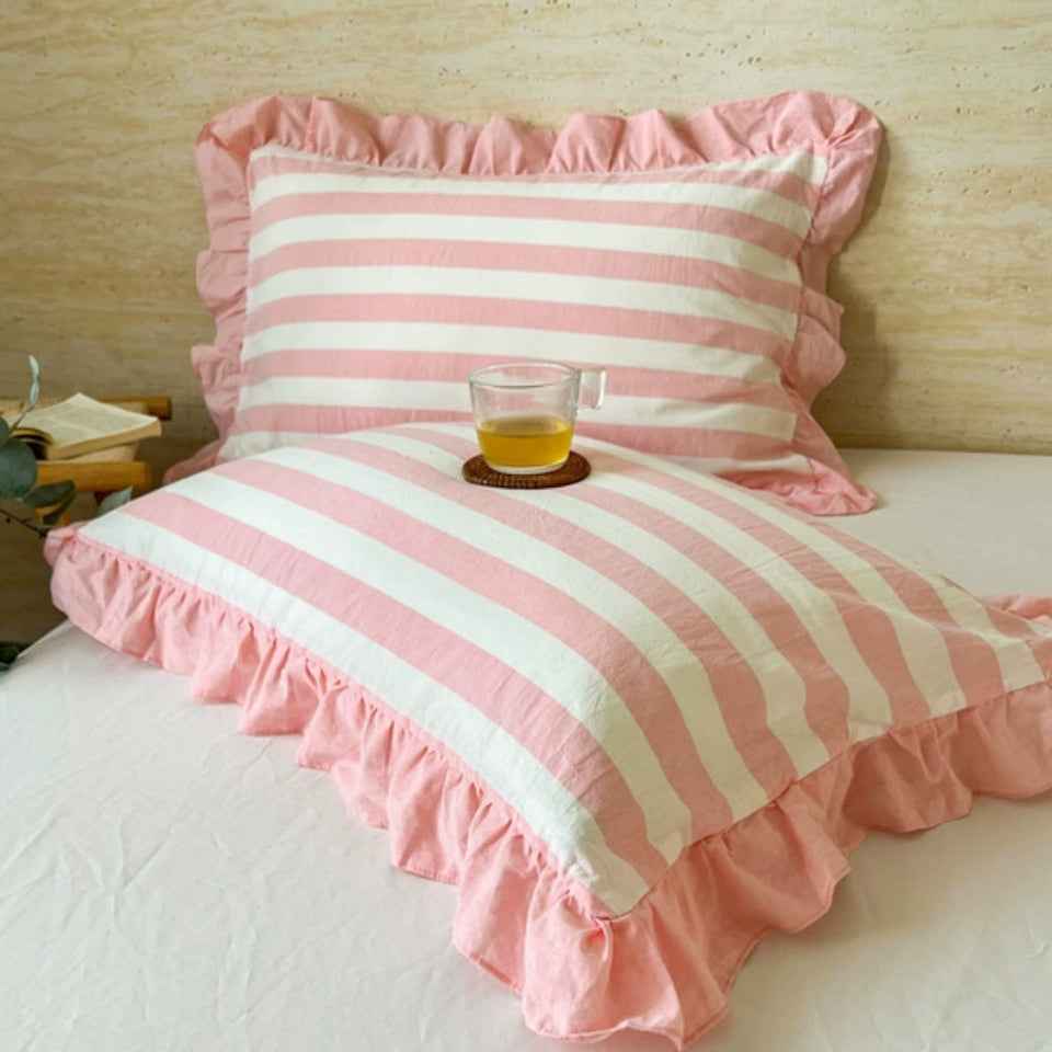 Striped Lace Pillowcases with Ruffles in Assorted Colors-Bedding & Bath > Pillowcases-casanuva-Petal Pink-1 pc-casanuva