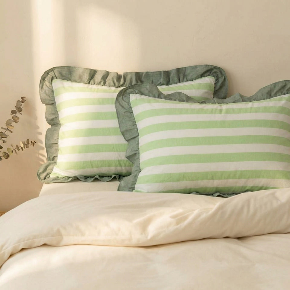 Striped Lace Pillowcases with Ruffles in Assorted Colors-Bedding & Bath > Pillowcases-casanuva-casanuva