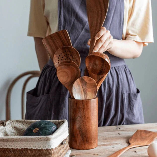 Teak Wood Kitchen Utensil Holder-Kitchen & Dining > Cooking Utensils-casanuva-casanuva