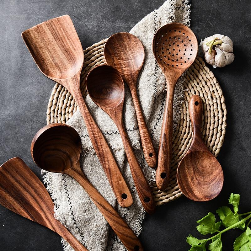 Teak Wood Kitchen Utensil Set Natural Finish-Kitchen & Dining > Cooking Utensils-casanuva-casanuva