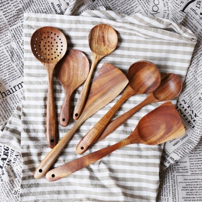 Teak Wood Kitchen Utensil Set Natural Finish-Kitchen & Dining > Cooking Utensils-casanuva-casanuva