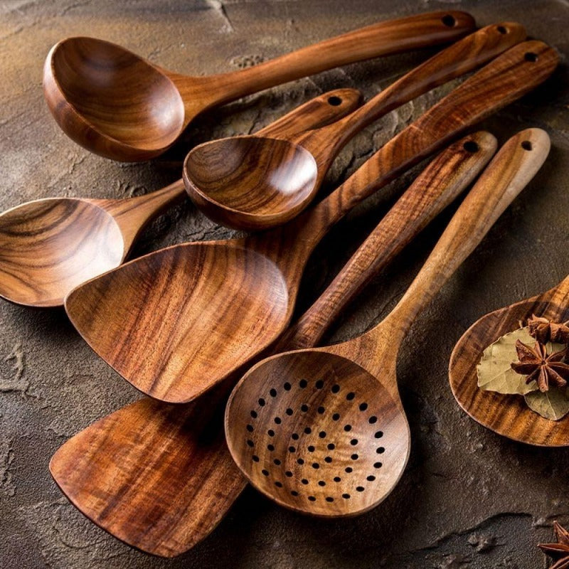 Teak Wood Kitchen Utensil Set Natural Finish-Kitchen & Dining > Cooking Utensils-casanuva-casanuva