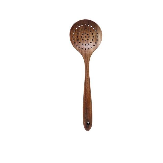 Teak Wood Kitchen Utensil Set Natural Finish-Kitchen & Dining > Cooking Utensils-casanuva-Slotted spoon-casanuva
