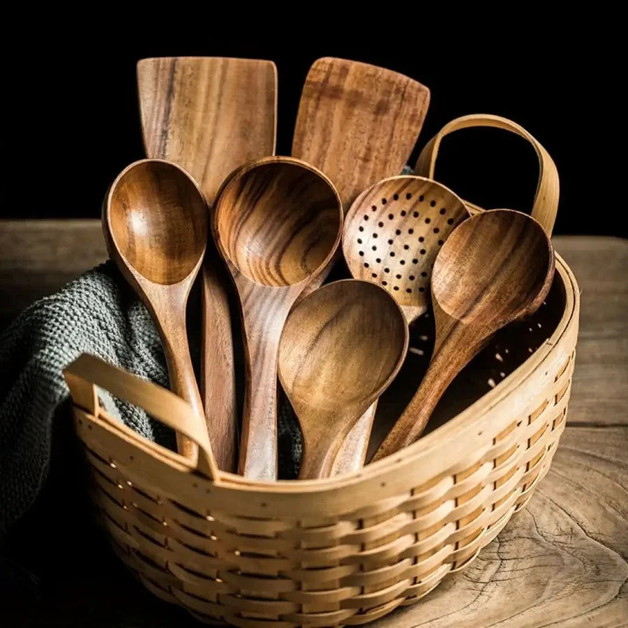 Teak Wood Kitchen Utensils Set-Kitchen & Dining > Cooking Utensils-casanuva-casanuva