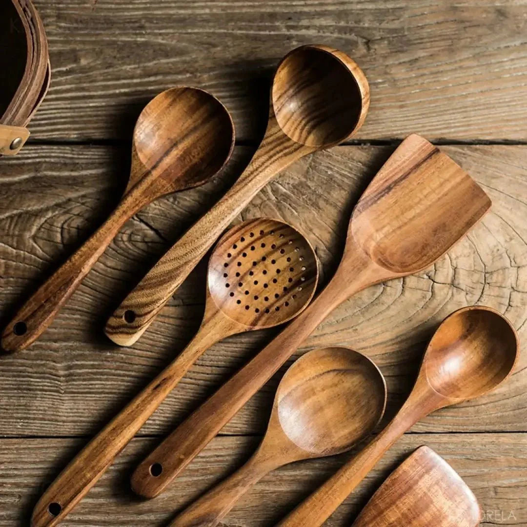 Teak Wood Kitchen Utensils Set-Kitchen & Dining > Cooking Utensils-casanuva-casanuva