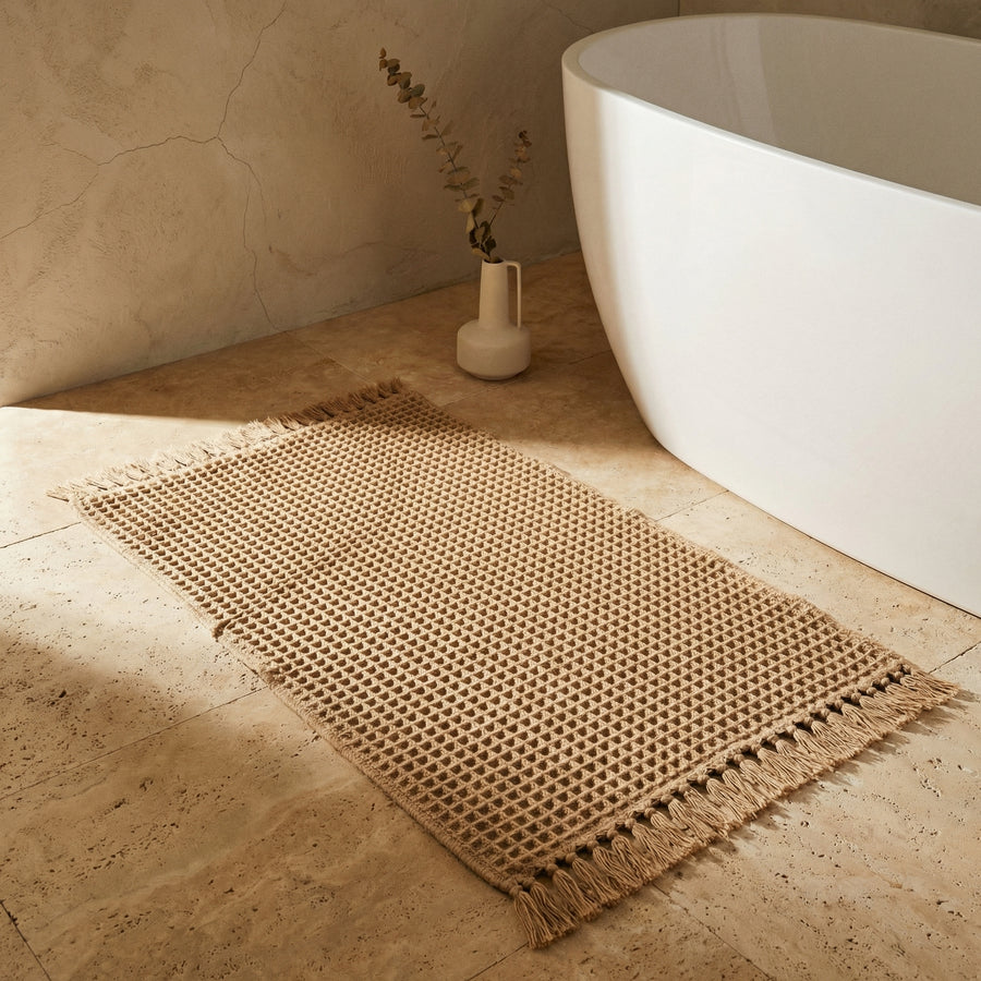 Ultra-absorbent Waffle Bath Mat with Tassels and Non-slip Backing-Bedding & Bath > Bath Mats-casanuva-casanuva