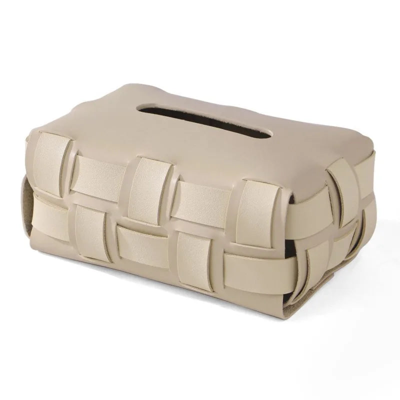 Vegan Leather Tissue Box with Woven Design-Home Decor > Decorative Accessories-casanuva-Cream-casanuva