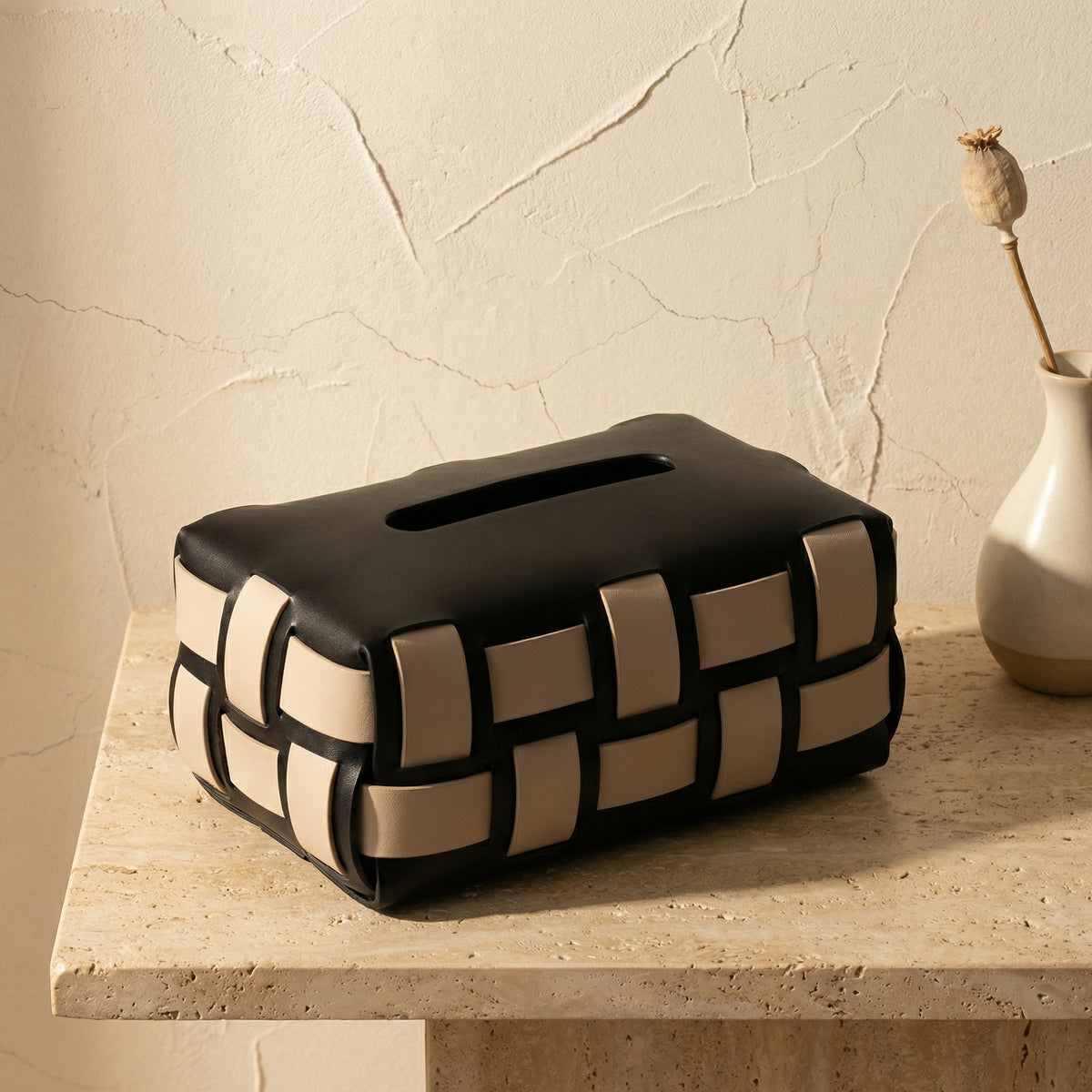 Vegan Leather Tissue Box with Woven Design-Home Decor > Decorative Accessories-casanuva-casanuva