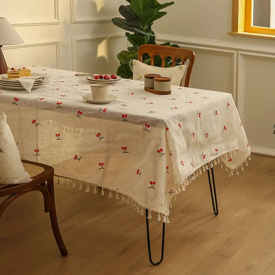 Vintage Red Cherry Tablecloth with Tassels-Covers & Textiles > Table Cloths-casanuva-casanuva