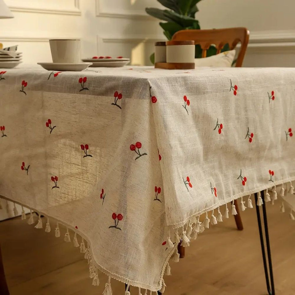 Vintage Red Cherry Tablecloth with Tassels-Covers & Textiles > Table Cloths-casanuva-casanuva