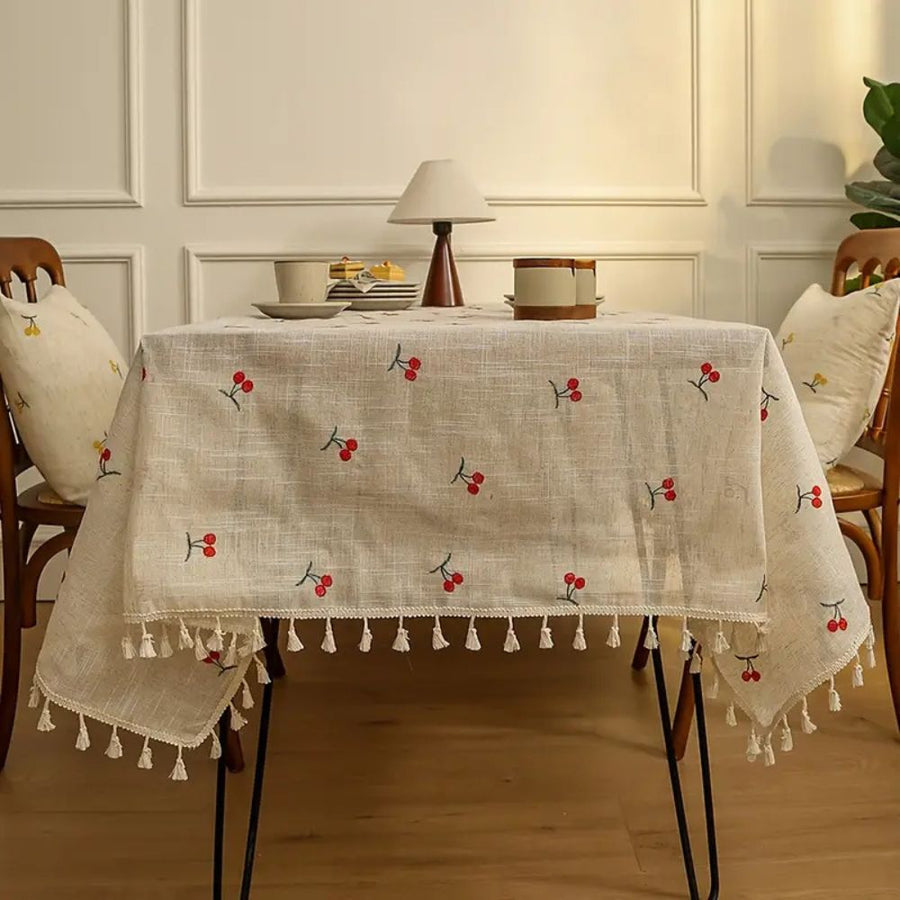 Vintage Red Cherry Tablecloth with Tassels-Covers & Textiles > Table Cloths-casanuva-casanuva