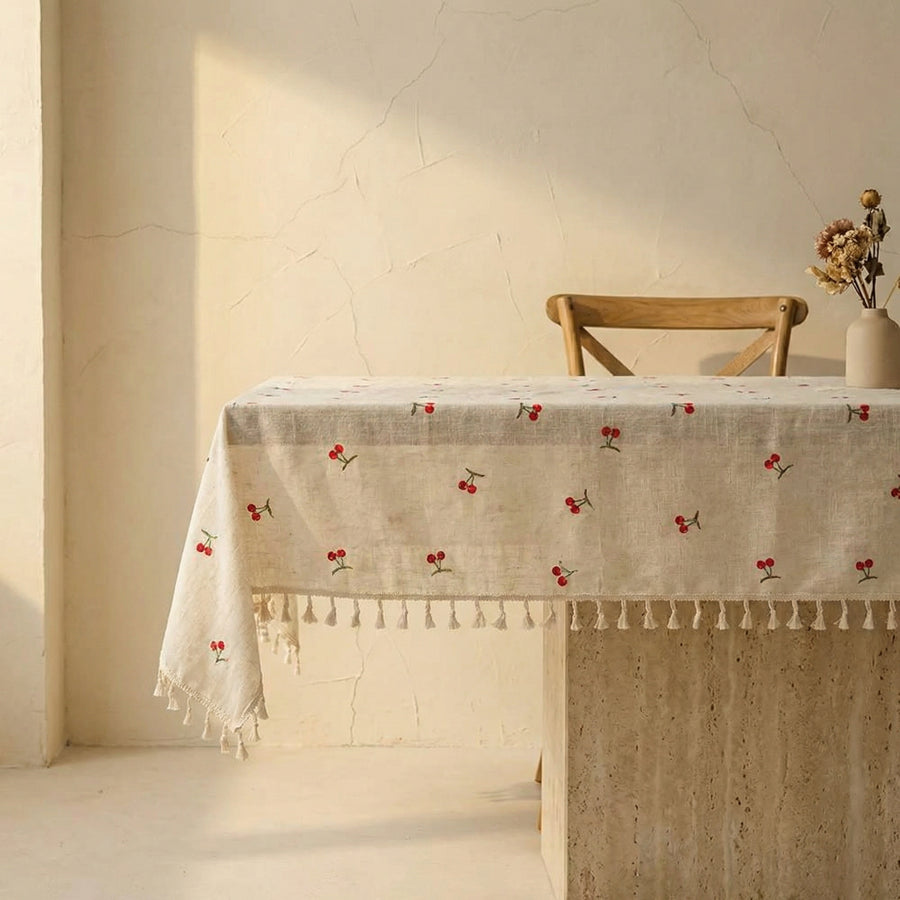 Vintage Red Cherry Tablecloth with Tassels-Covers & Textiles > Table Cloths-casanuva-casanuva
