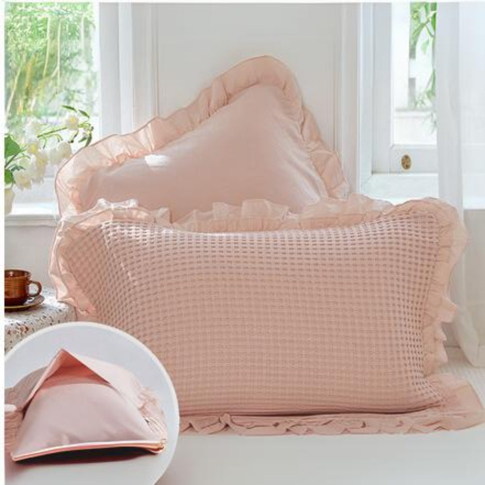 Waffle Weave Cotton Pillowcases with Ruffle Set of 2-Bedding & Bath > Pillowcases-casanuva-Pink-23"x31"-casanuva