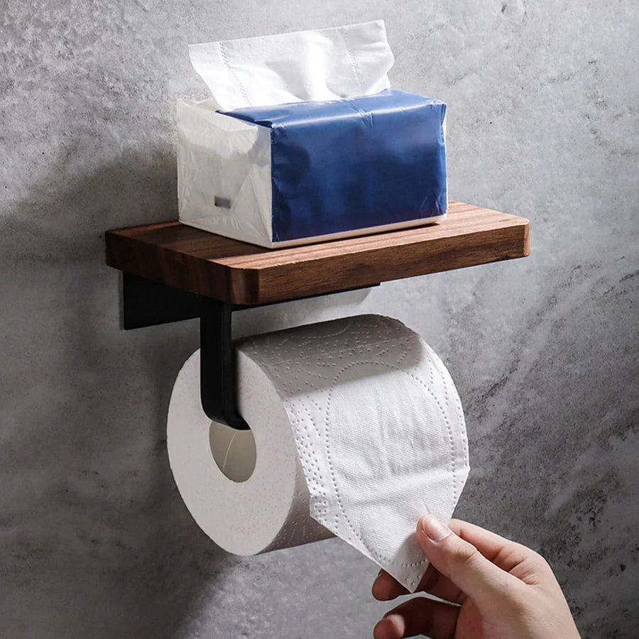 Wall Mounted Walnut Toilet Paper Holder with Shelf-Bedding & Bath > Bathroom Accessories-casanuva-casanuva