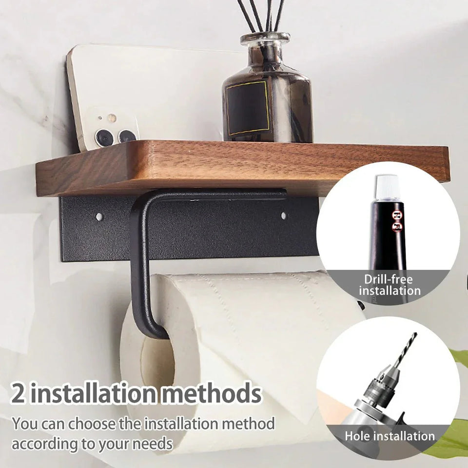 Wall Mounted Walnut Toilet Paper Holder with Shelf-Bedding & Bath > Bathroom Accessories-casanuva-casanuva