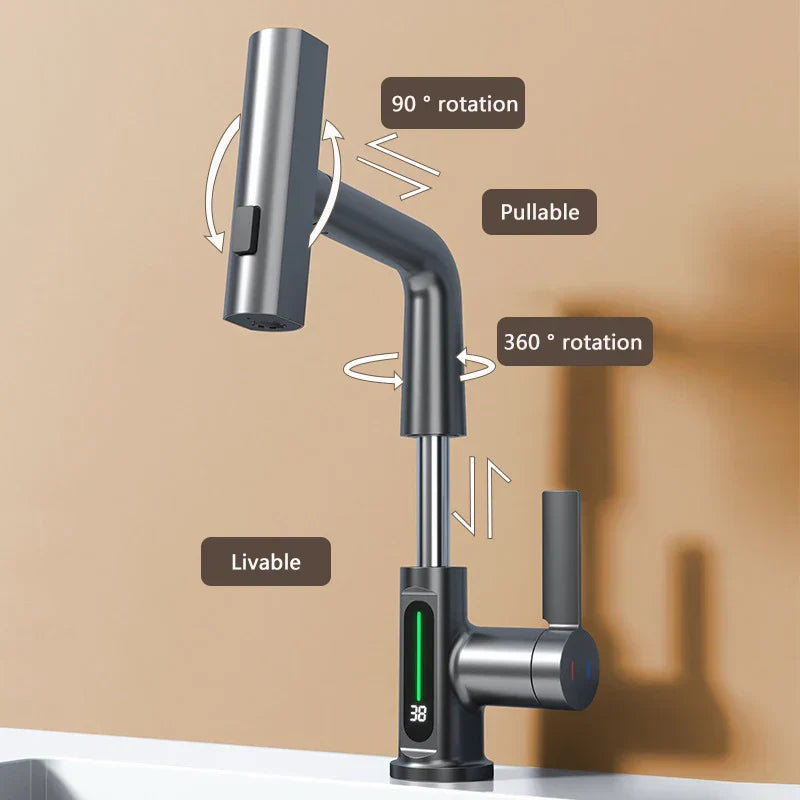 Waterfall Faucet with Pull-Out Spray Head and Digital Temperature Display-Kitchen & Dining > Kitchen Faucets-casanuva-casanuva