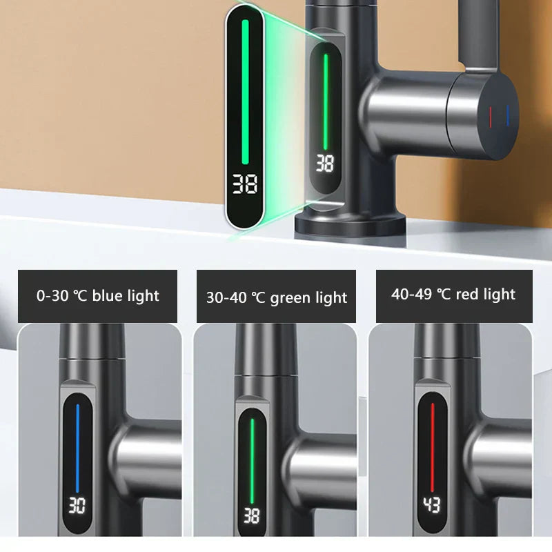 Waterfall Faucet with Pull-Out Spray Head and Digital Temperature Display-Kitchen & Dining > Kitchen Faucets-casanuva-casanuva