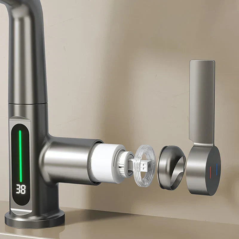 Waterfall Faucet with Pull-Out Spray Head and Digital Temperature Display-Kitchen & Dining > Kitchen Faucets-casanuva-casanuva