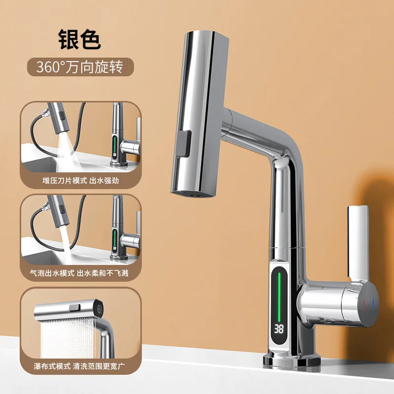 Waterfall Faucet with Pull-Out Spray Head and Digital Temperature Display-Kitchen & Dining > Kitchen Faucets-casanuva-Chrome-casanuva