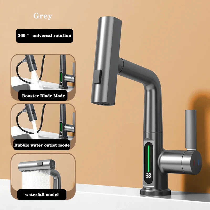 Waterfall Faucet with Pull-Out Spray Head and Digital Temperature Display-Kitchen & Dining > Kitchen Faucets-casanuva-Gray-casanuva