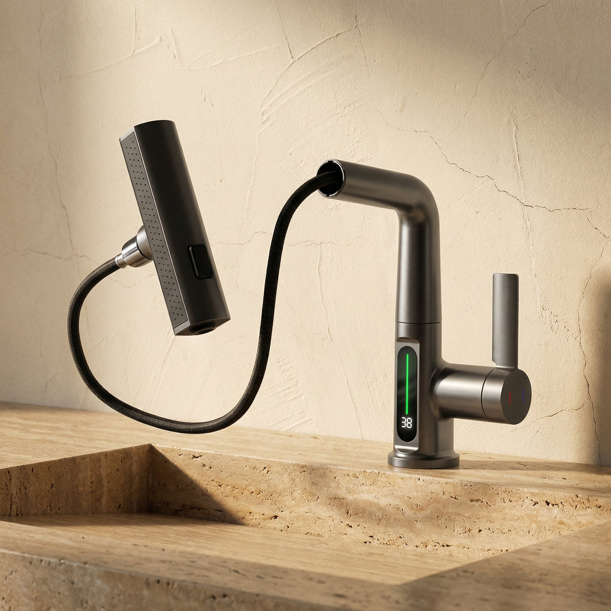 Waterfall Faucet with Pull-Out Spray Head and Digital Temperature Display-Kitchen & Dining > Kitchen Faucets-casanuva-casanuva