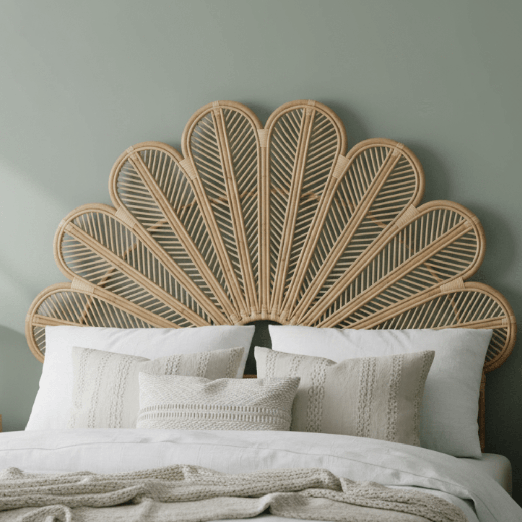 Wicker Headboard with Floral Pattern Handmade Woven Design-Furniture > Headboards-casanuva-Natural Wood-casanuva