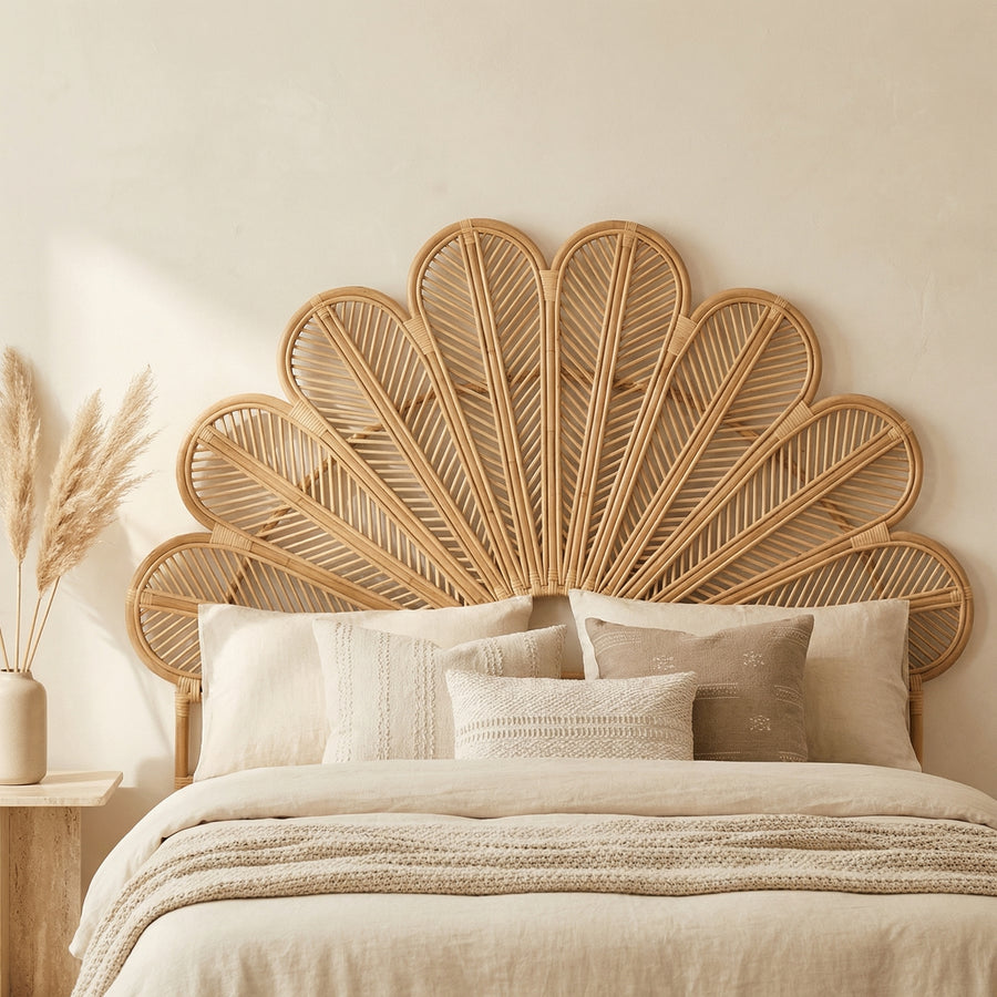 Wicker Headboard with Floral Pattern Handmade Woven Design-Furniture > Headboards-casanuva-casanuva